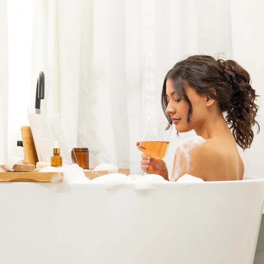 Extendable Bamboo Bathtub Tray with Book Holder & Wine Glass Slot - Waterproof Bath Caddy for Relaxing Spa Time