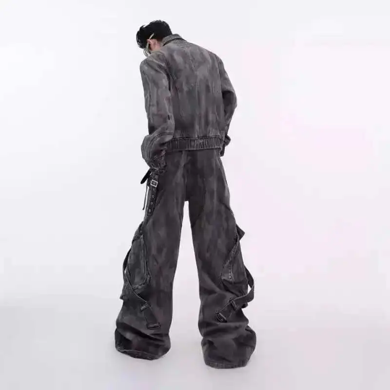 HKSH American Style High Street Vintage Washed Jacket Wrinkled Slightly Flared Jeans Men's Punk Chic Wide Leg Denim Pants HK4281