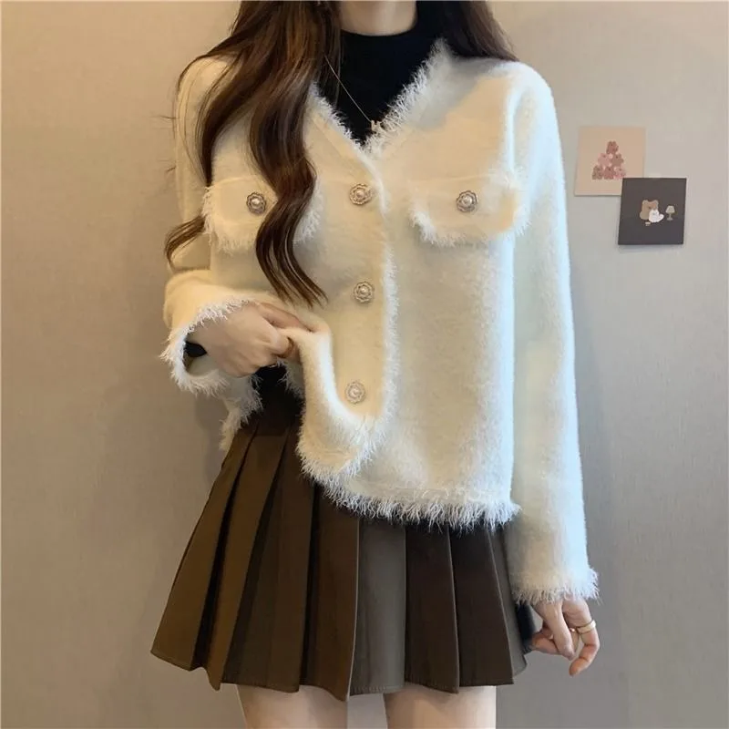 Cardigan Female Fashion Versatile Double sided Plush Coat Korean Long Sleeve V Neck Loose Coat Light Luxury Cardigan Coat Female