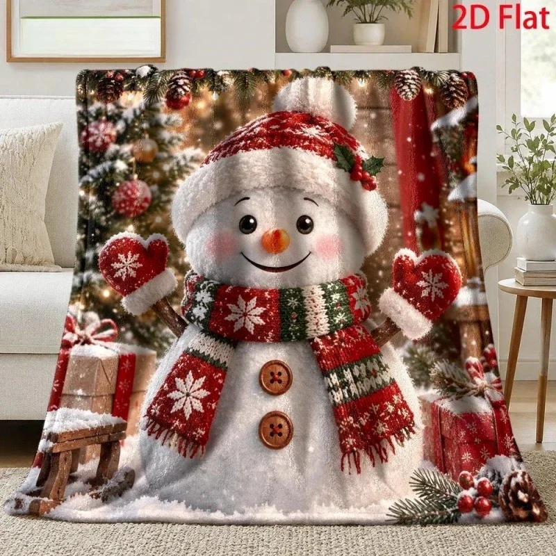 Festive Snowman Christmas Gift Tree Print Flannel Throw Blanket, Xmas Pine Tree Ornament Pattern Soft Cozy Blanket