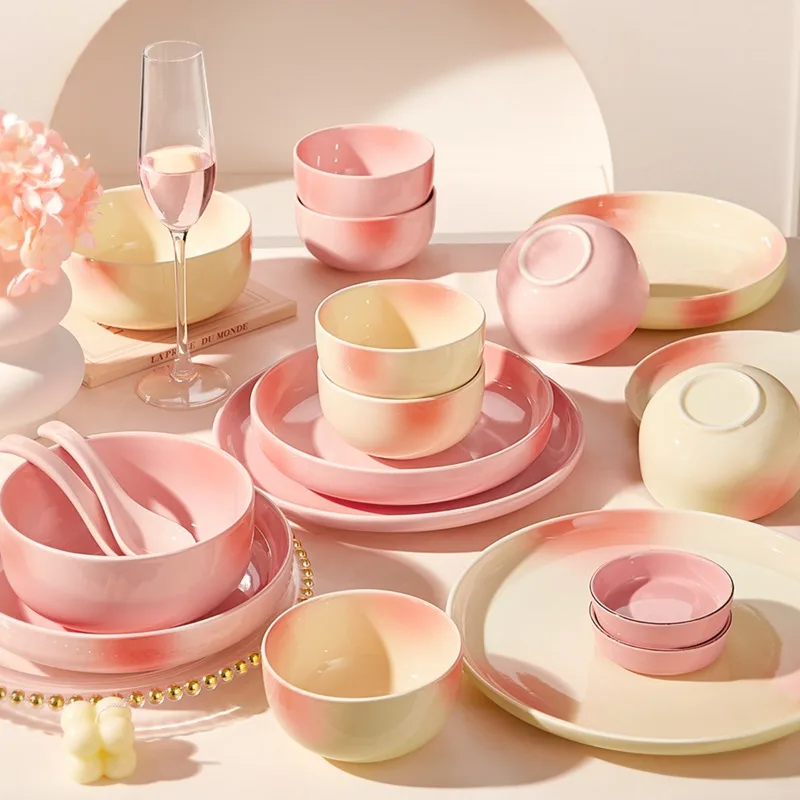 

Pink high-value dishes set, new plates for home use, bowls, housewarming tableware, tableware and chopsticks