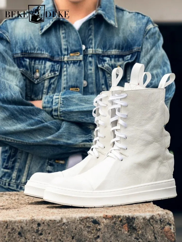 Concise Style Cowhide Round Toe Platform Fashion Ankle Boots Solid Color Genuine Leather Youth Male Lace-Up High Top Footwear