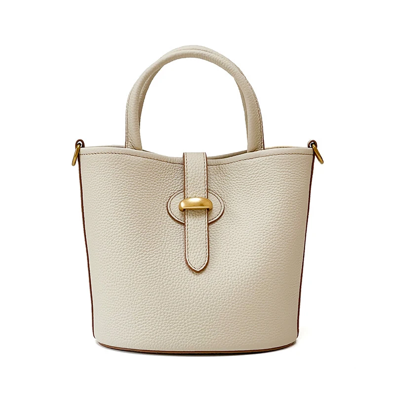 

New Elegant Cream White Small Bucket Tote All-match Thick Cowhide Leather Women Handbag Comfortable Ladies Shoulder Bag