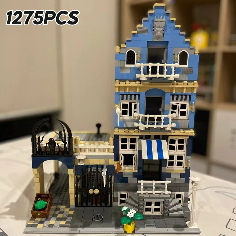 

Creative Expert Brick Bank Cafe Corner MOC Building Blocks City Model Bricks Downtown Dinner Bookstore Street View Toy For Kids