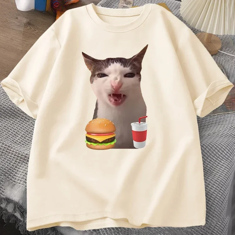 Chat croquant nourriture Meme T-shirt femmes hommes idiot t-shirts drôle chat mangeant T-Shirt à manches courtes t-shirts graphiques Streetwear