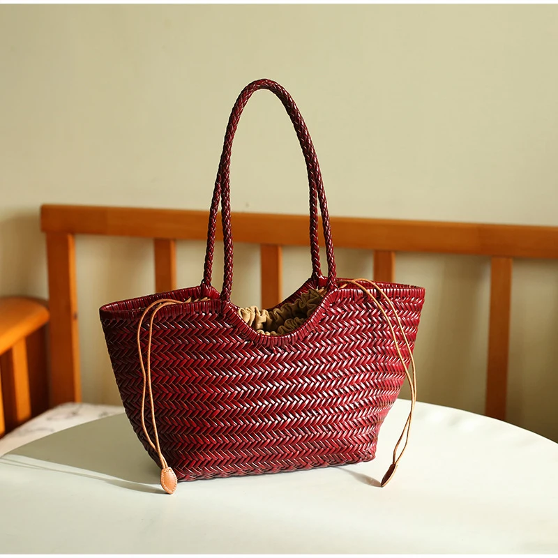 

Hand Woven Genuine Cowhide Leather Basket Tote French Retro Shoulder Bag, Large Capacity Women Handbag For Beach Vacation Travel