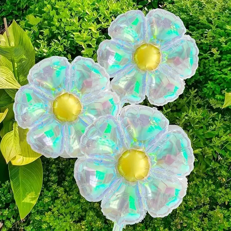 4 Pcs Clear Holographic Laser Colored Daisy Balloons for Birthday, Baby Shower, Wedding Engagement Decoration (Colored Daisy)