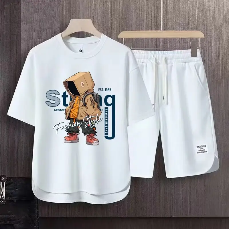 Summer Men\'s Khaki Sets American Trend Cartoon Printing T-shirts Shorts 2 Piece Set Breathable Waffle Top Sports Men\'s Clothing