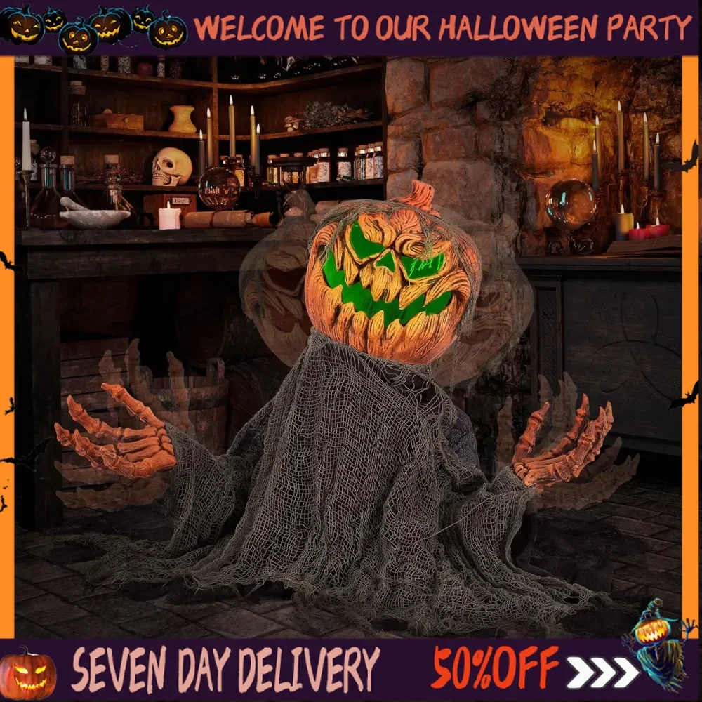 Animatronics Groundbreaker Pumpkin Halloween Decorations - Sound Activated with Creepy Sound, Light Up Eyes, Scary Move Outdoor