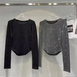 Spring Autumn Round Neck Fashion Long Sleeve T-shirt Women Elegant Solid Color Rhinestone Pullovers High Street Casual Slim Tops