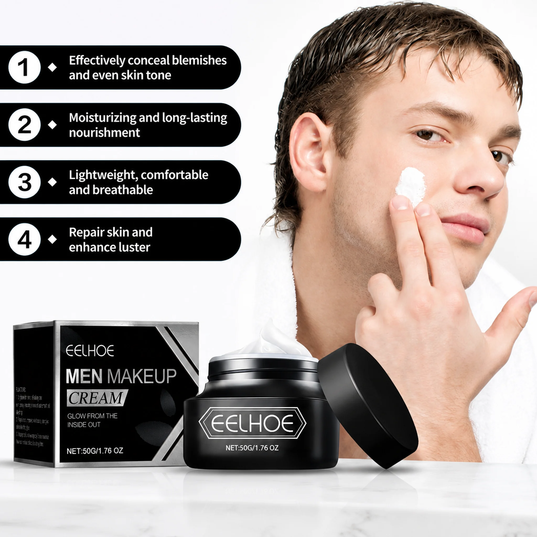 EELHOE BB Cream Men Face Concealer Light Coverage Acne Marks Waterproof Long Lasting Cover Flaws Makeup Nourishing Brightening