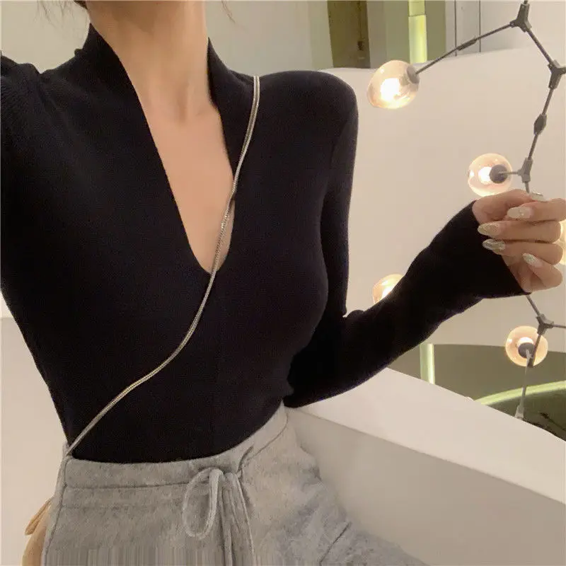 

Sexy Deep V Neck Solid Slim Tops Tees Spring Autumn New Long Sleeve Simplicity Fashion T Shirts Temperament Trend Women Clothing