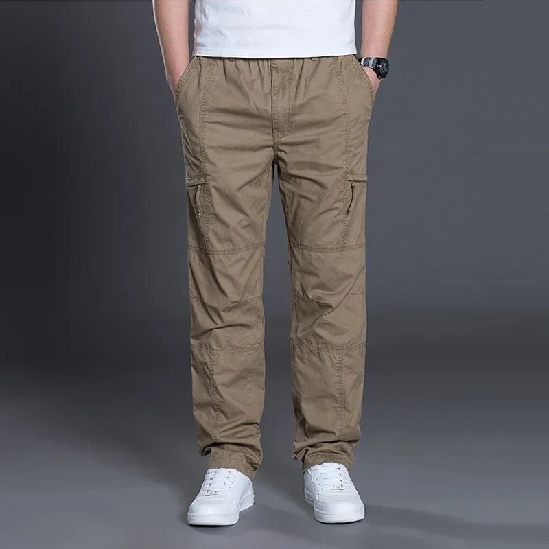 Big Size Men's Cargo Trousers Straight Leg Work Pant Men Loose Fit Cotton Summer Wide Overalls Male Side Multi Pocket Large Size