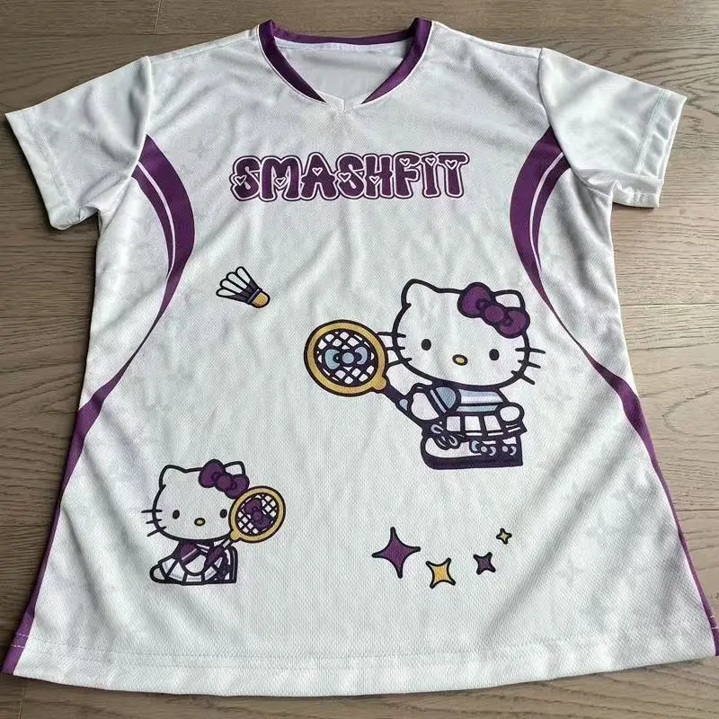 

Sanrio Hello Kitty Kawaii New Summer Short-Sleeved T-shirt Quick-Dry Badminton Men Women Breathable Printing Leisure Training