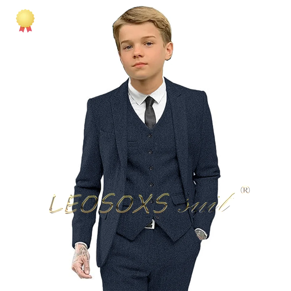 Boys' herringbone suit formalwear 3-piece set, suitable for children's wedding parties, featuring a stylish tailcoat