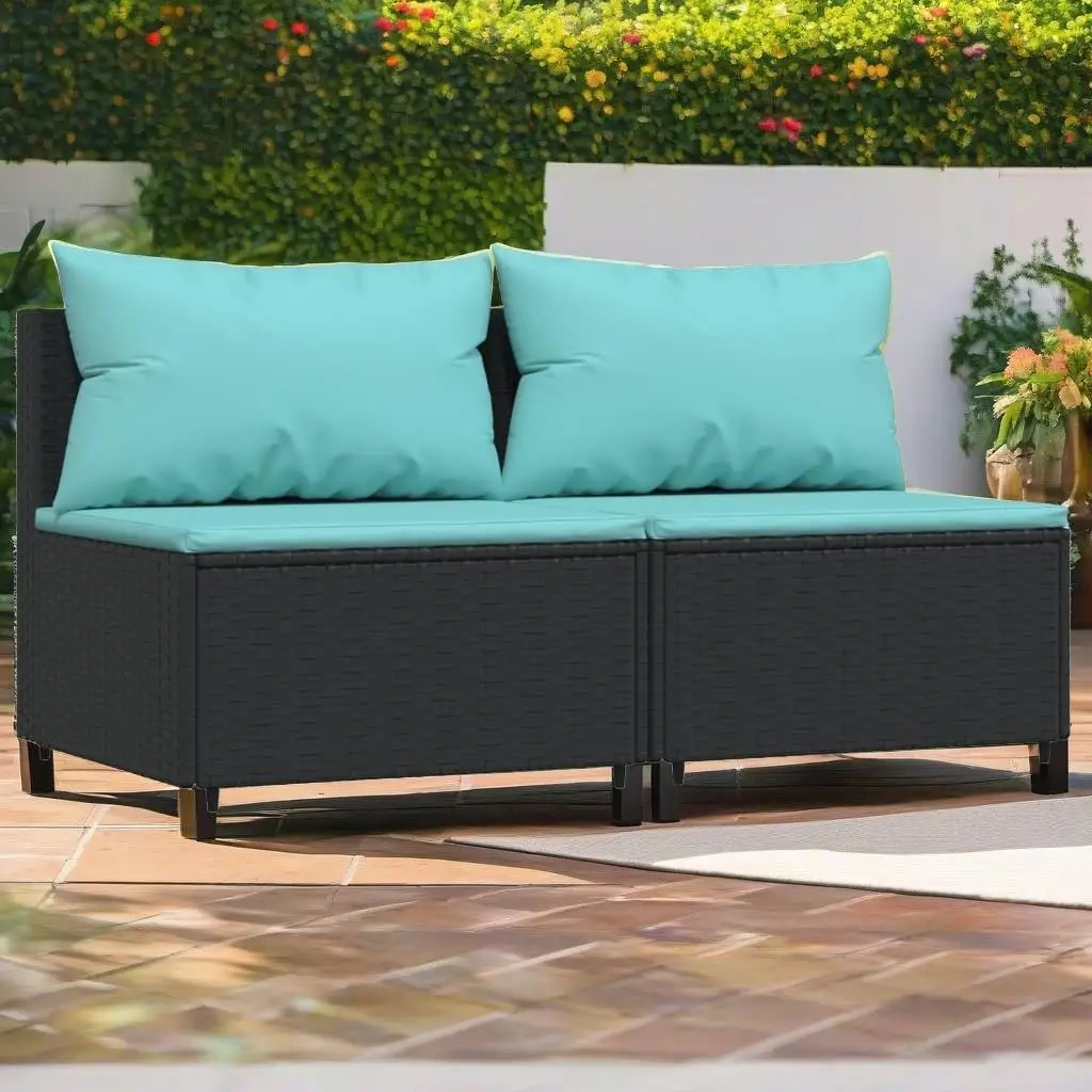 2-Piece Black Poly Rattan Patio Middle Sofas with Cushions - Stylish Outdoor Seating