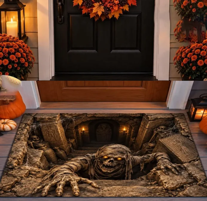 Halloween Doormat 2026, Mummy Tomb 3D Illusion Rug, Spooky Front Porch Decor, Scary Skull Gift, Halloween 2027