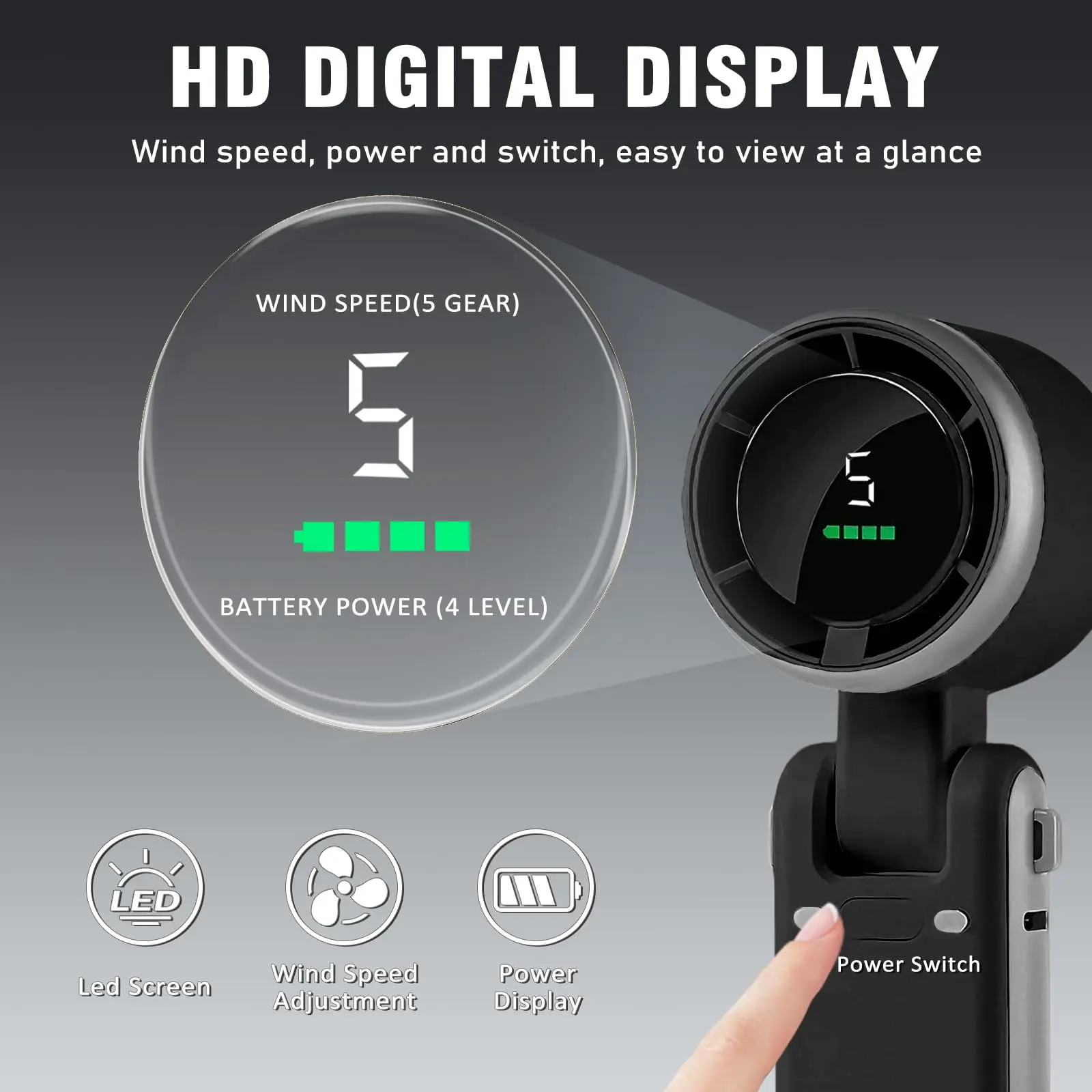 Foldable Mini Handheld Fan with LED Display 5-speed Wind 1200mAh Battery Life Hanging Neck Cooling Fan for Summer Outdoor Travel