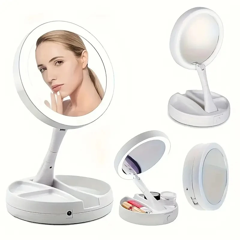 مرآة زينة LED مزدوجة الجوانب مع تكبير 1X/10X، قابلة لإعادة الشحن، سطوع قابل للتعديل، تصميم قابل للطي والمحمول للصنع