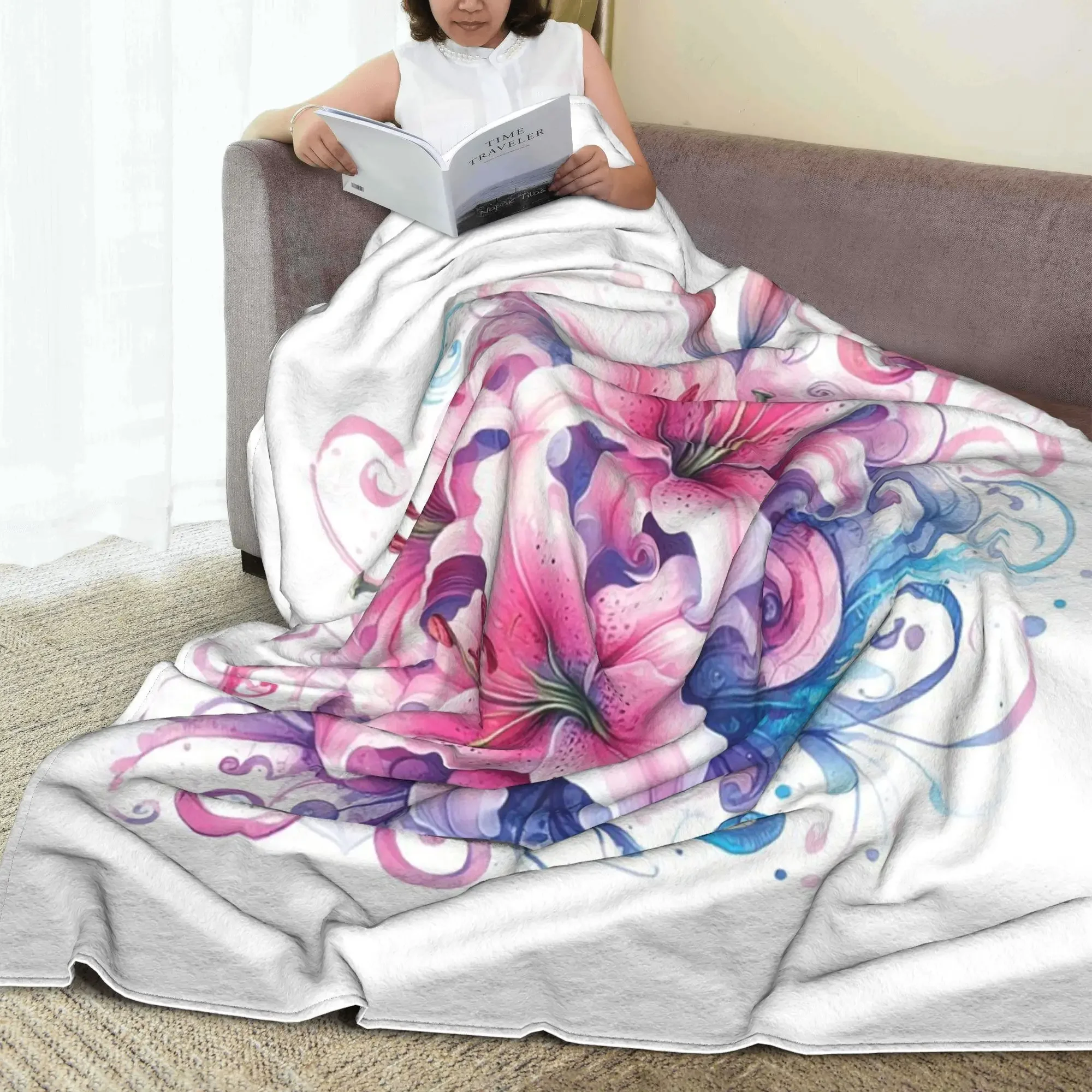 Pink Lily Whimsical Pink Lily Swirl Blankets Super Soft Flannel Throw Blanket for Home Bedroom Travel Throws Bedspread Quilt