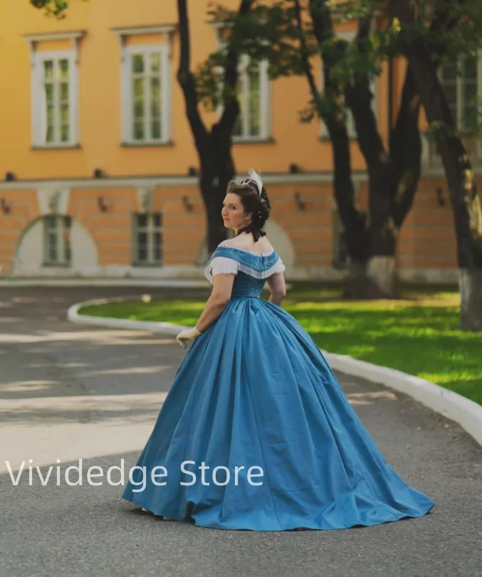 Customized  Victorian Women's Vintage Blue Prom Dresses Floral Embroidered Fringe Dresses Evening Gowns