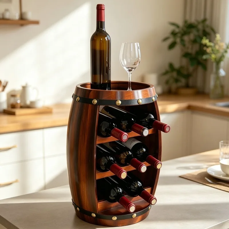 Vintage Wooden Wine Rack Vertical Wine Bottle Holders Luxury Bar Storage Bottle Cabinet Home Kitchen Barrel Wines Display Shelf