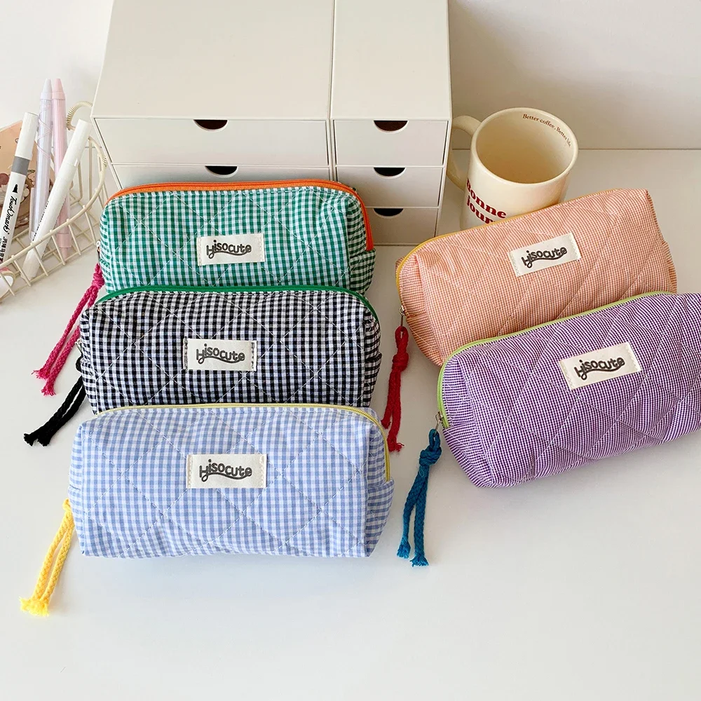INS Style Large Capacity Plaid Cloth Pencil Case Korean Style Cloth Makeup Bag Simple Style Student Stationery Storage Bag