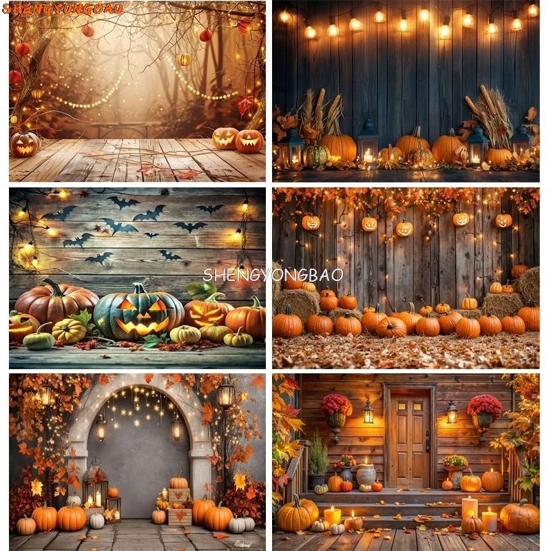 

Halloween Day Autumnal Pumpkins Photography Backdrops Props Maple Leaf Scarecrow Farm Harvest Thanksgiving Background RR-18