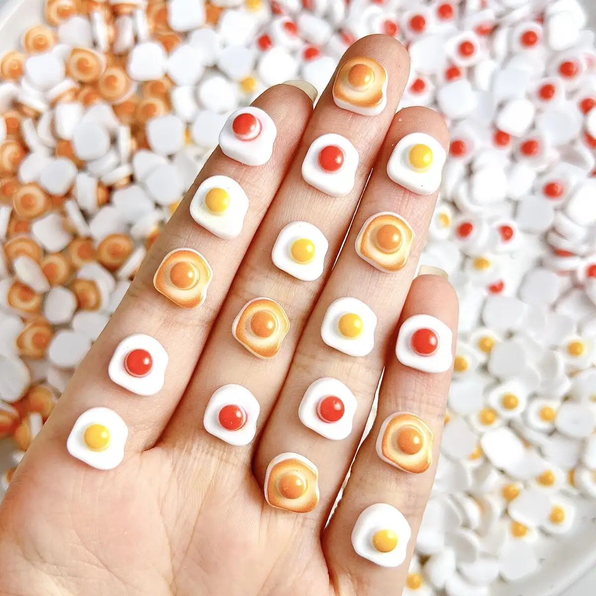 

30PCS Innovative Funny Fried Egg Resin Nail Charms 3D Adorable Notched Egg Nail Art Decorations for DIY Phone Case Nails Designs
