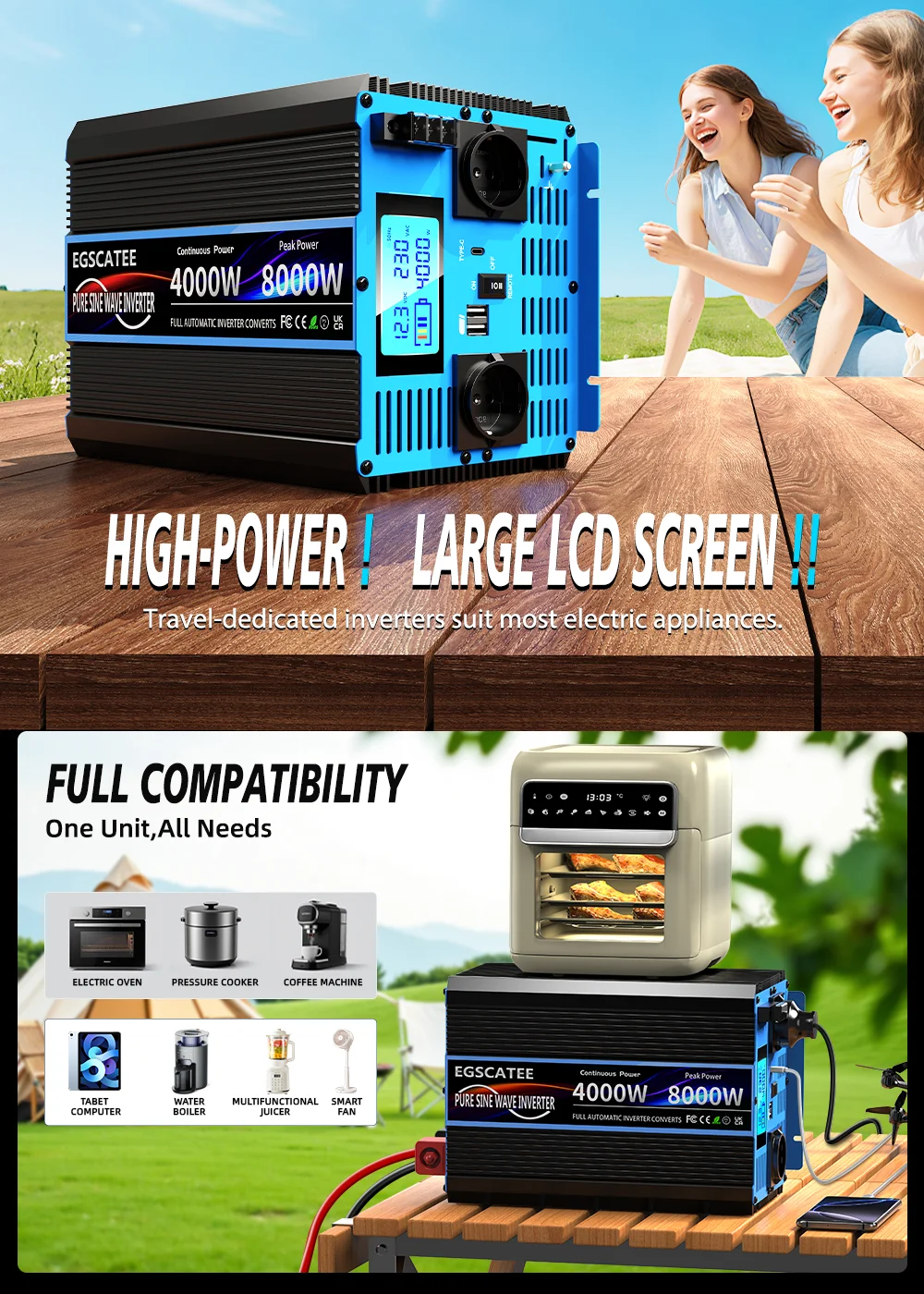 Wechselrichter, reine Sinuswelle, DC 12 V/24 V zu AC 230 V, Transforme-Konverter, Solar-Wechselrichter mit LCD-Display, USB, Fernbedienung – Detail 1