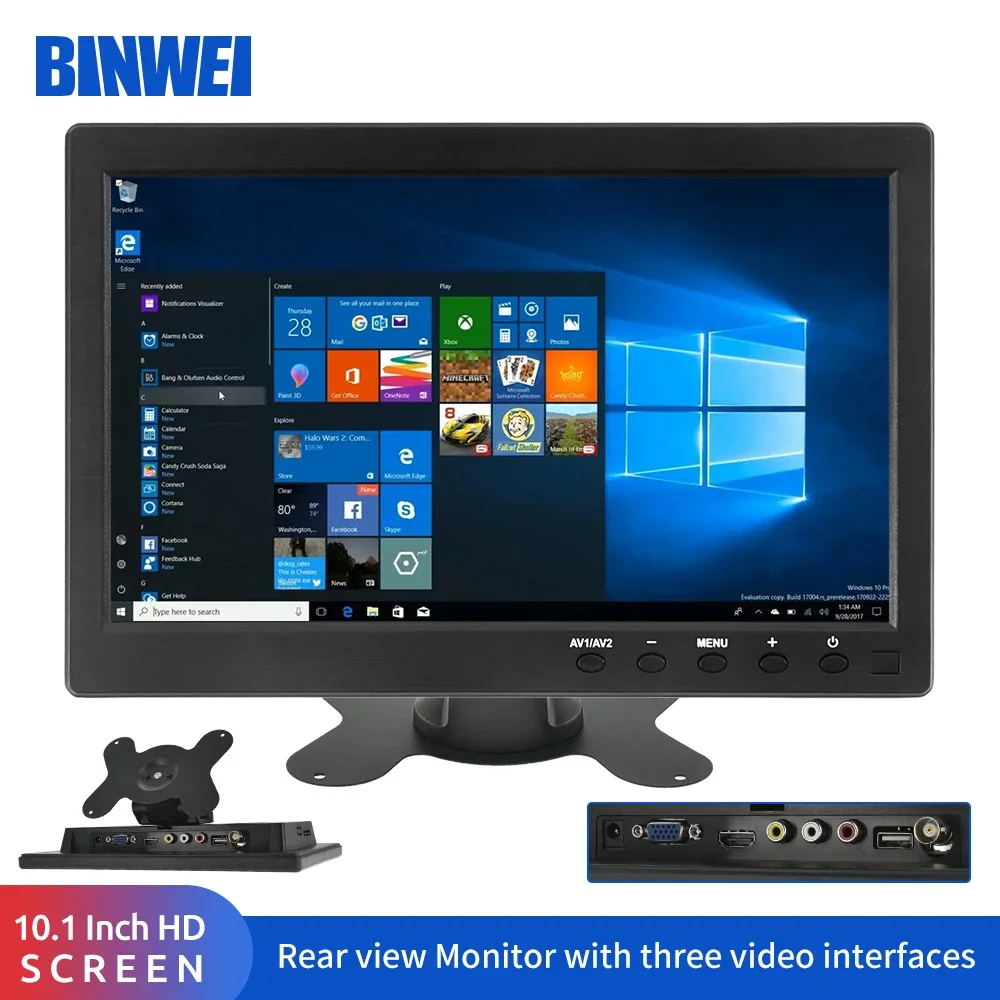 Binwei-Monitor de carro com câmera de backup VGA, tela, sistema de segurança doméstica, mini TV, PC, computador, 10,1 \