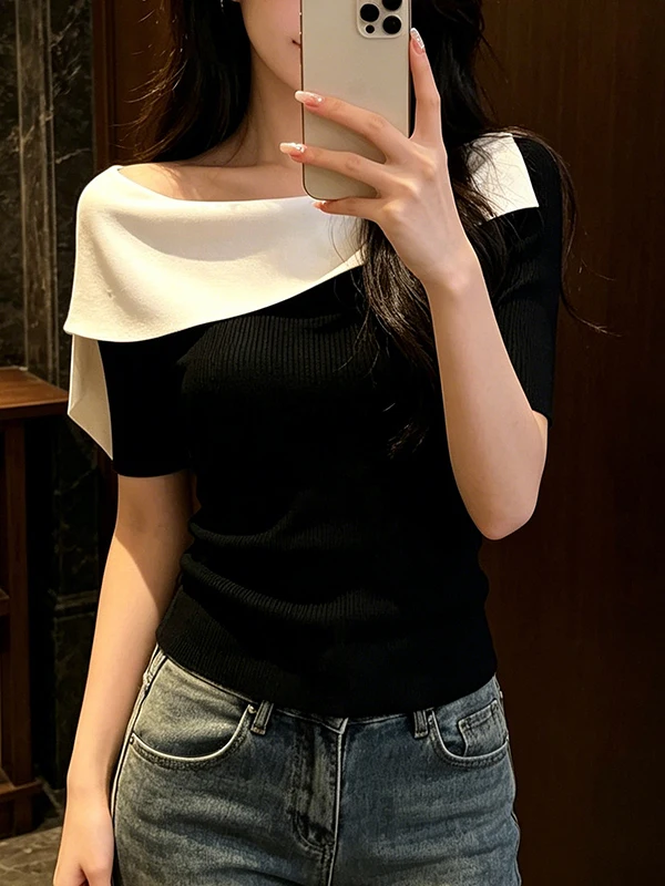 Slim Fit Color Block Shoulder T-Shirt Women's Summer New Style Beautiful Short Sleeve Top Breathable Skin-Friendly round Neck