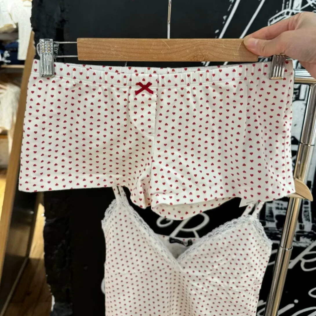 Print Red Heart Bow Sweet Shorts Cute Casual Tight Women Summer Shorts Elastic Waist Homewear Pant Female Korean Fashion 2024