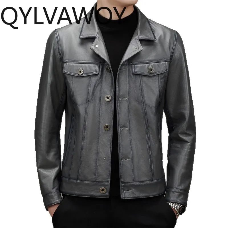 

QYLVAWOY 100% Real Cowhide Genuine Leather Jacket Men Slim-fit 2026 Versatile Leather Jackets High-end Leather Coat Outerwear