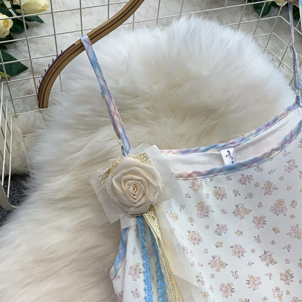 Floral Print Spaghetti Strap Dress for Women Summer Contrast Color Spliced Beach Vacation Sundress Design Irregular Long Dresses