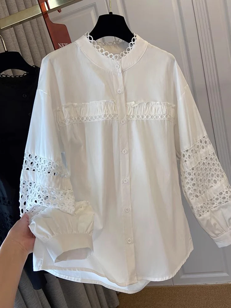 Elegant Black Lace Hollow Long Sleeve Shirt plus Size Women's Fashion Design Top Korean Style Loose Fit Autumn New Arrival