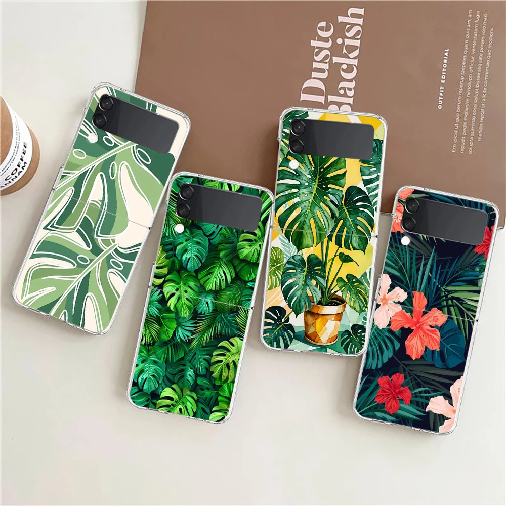 Phone Case For Samsung Galaxy Z Flip 7 6 5 4 3 Z Flip3 Flip4 Flip5 Flip6 Flip7 Transparent Cover Leaves Monstera Green