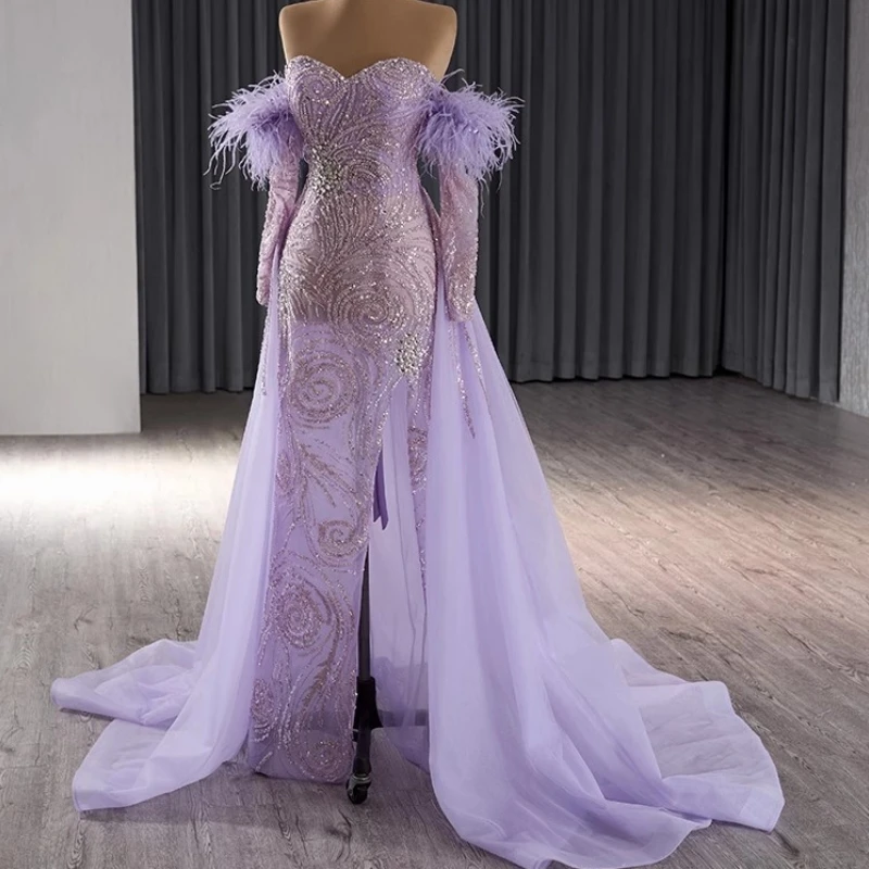 Real Picture Quality Purple Women Evening Dresses Sweetheart Long Sleeves Beading Lace Up Wedding Party Dress Prom Occasion 2025