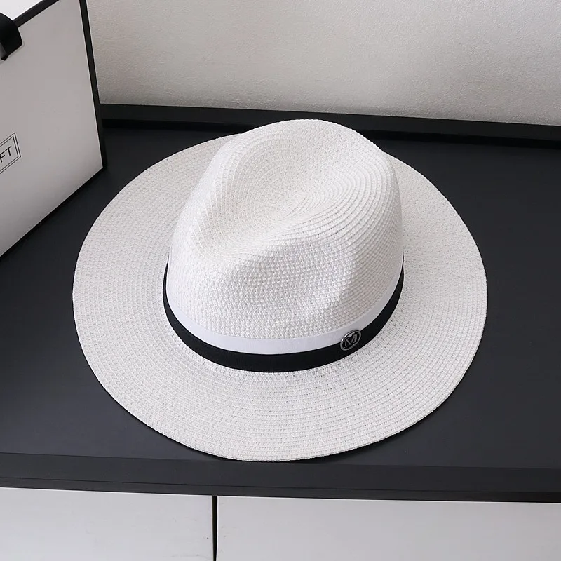 Sombrero de paja trenzada para hombre y mujer, sombrilla con protección solar, color blanco, Estilo Vintage, ideal para verano