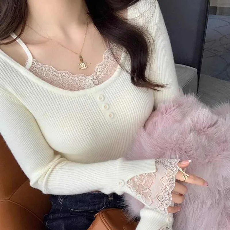 

Women Clothing Sweaters O-Neck Black Knitted Sweater Women Pullovers New Long Sleeve Lace Knit Sweater Pullover Women Tops Q1646