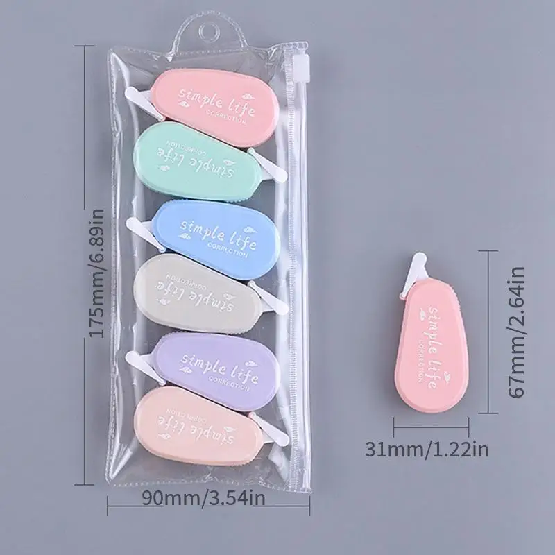 Multi-Color Correção Tape Set, bonito material escolar, papelaria, 6pcs
