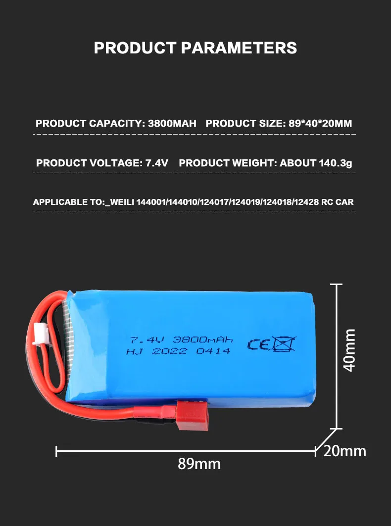 2S 7,4V 3800mAh LiPo-Akku für Wltoys 144010 /12428/ 124019 / 124018 1/14 1/10 RC Autobatterie Wltoys 7,4V Batterie – Detail 1