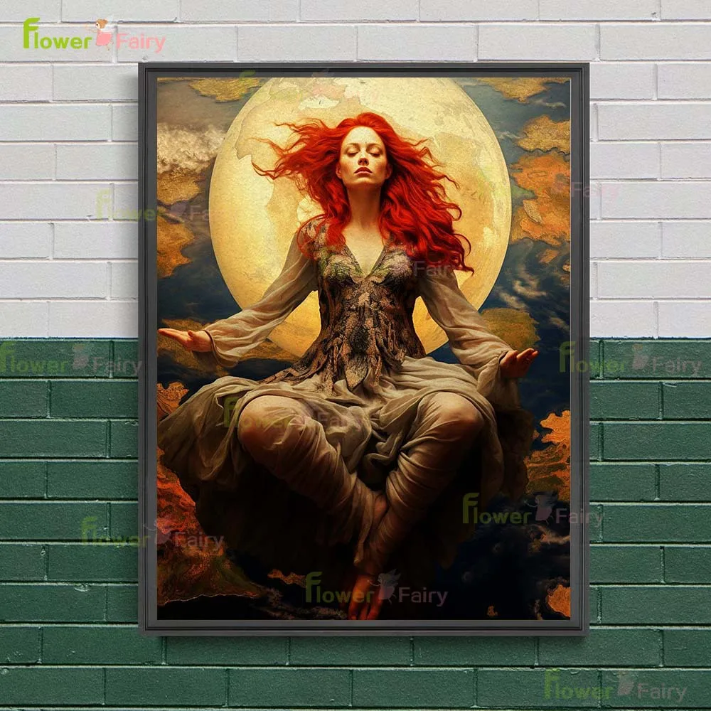 A Red-Haired Girl Looking For Strength Within Herself Vintage Wall Art Canvas Painting Mysterious Witch Art Poster Print Decor