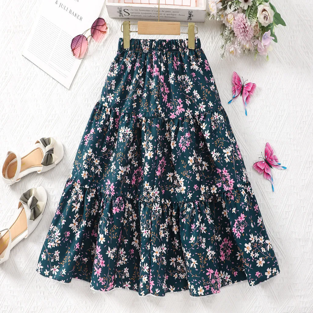 Kids Skirt Long Teens Girls Clothing 8 9 10 11 12 Y Summer Casual Fashion Floral Butterfly Printed A-Line Skirt Birthday Gift