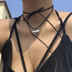 Sexy Lace up Bow Black Rope Chain with Small Silver Color Metal Heart Pendant Women Elegant Choker Necklace 2023 Fashion Jewelry