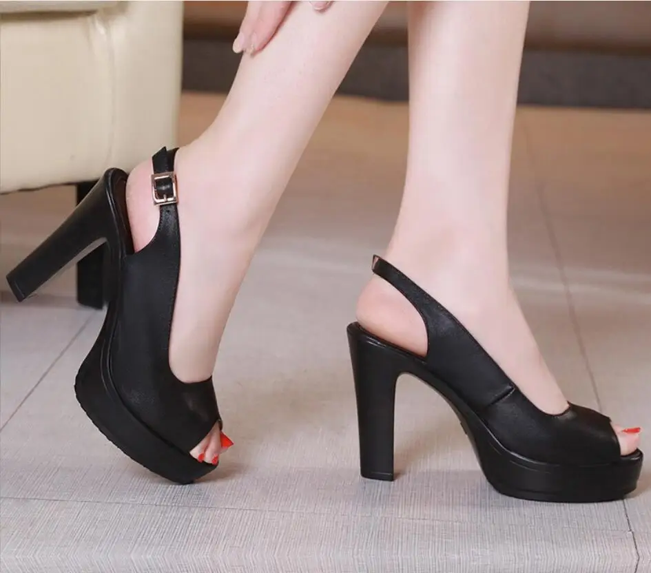 New Women Fish Mouth Platform High Heels wedding Buckle BlackSandals Women Shoes Woman Platform High Heels Sandals Large size