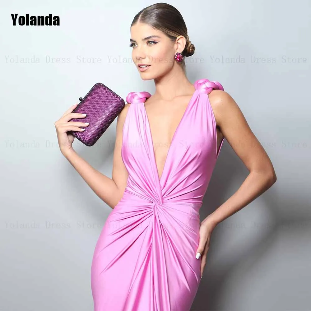 2024 New Exquisite Mermaid Evening Dresses V-Neck Satin Draped Pleat Ruffle Open Back Party Dress Floor Length Robe de soirée