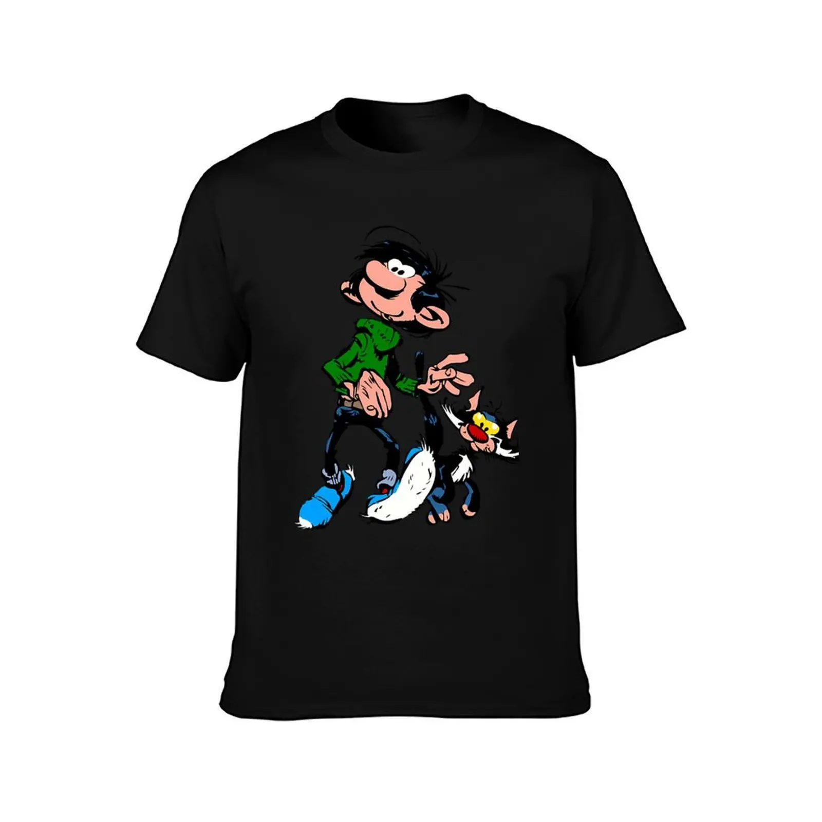 Gaston Lagaffe Movie Cartoon Color Big Ben walking with cat T-Shirt, Summer Casual Cotton Tee, Oversized Streetwear Tops