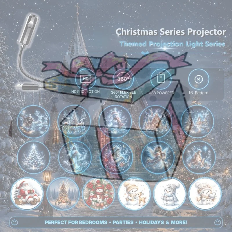 USB Christmas Projector Light 6/16 Patterns Santa Snowman Tree 360° Rotatable HD Projection Lamp For Home Bedroom Party Decor