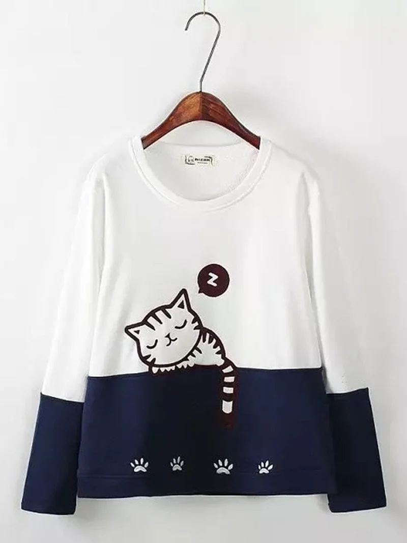 

Cartoon Cat Embroidery Sweatshirts Women O-Neck Long Sleeve Animal Pullovers Autumn Winter Warm Color Matching Tops Streetwear